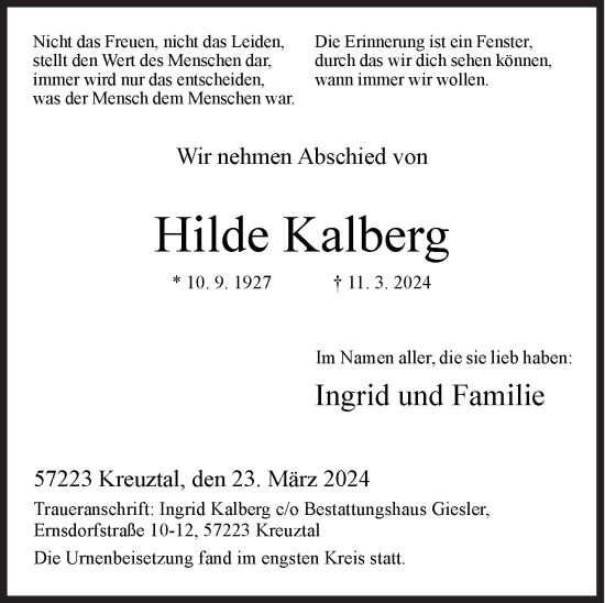 Traueranzeige von Hilde Kalberg von Siegener Zeitung