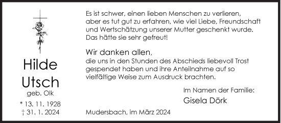 Traueranzeige von Hilde Utsch von Siegener Zeitung