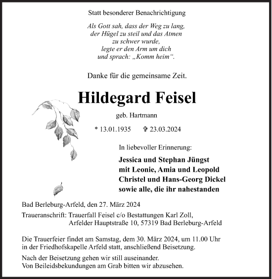 Traueranzeige von Hildegard Feisel von Siegener Zeitung