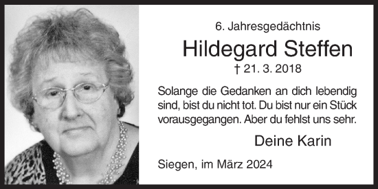 Traueranzeige von Hildegard Steffen von Siegener Zeitung