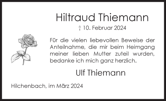 Traueranzeige von Hiltraud Thiemann von Siegener Zeitung