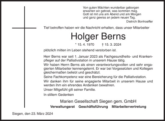 Traueranzeige von Holger Berns von Siegener Zeitung