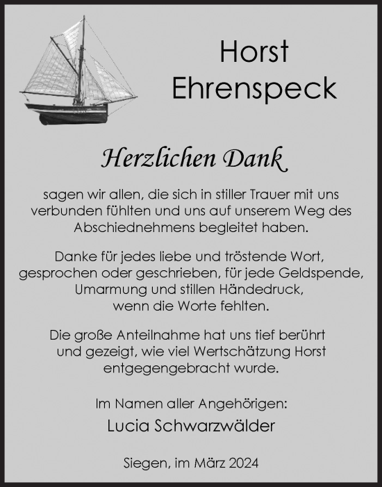 Traueranzeige von Horst Ehrenspeck von Siegener Zeitung