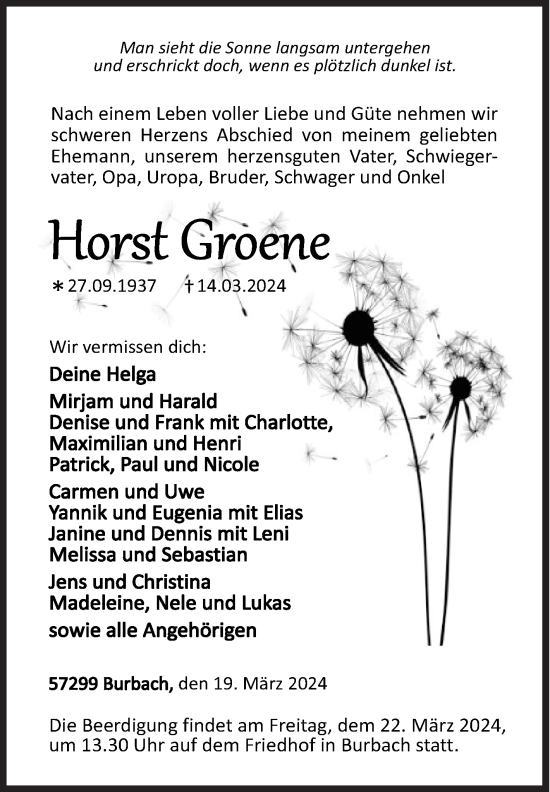 Traueranzeige von Horst Groene von Siegener Zeitung