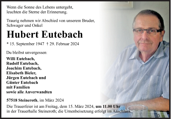 Traueranzeige von Hubert Eutebach von Siegener Zeitung