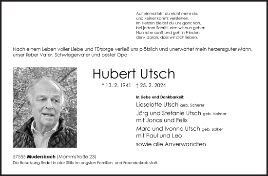 Traueranzeige von Hubert Utsch von Siegener Zeitung