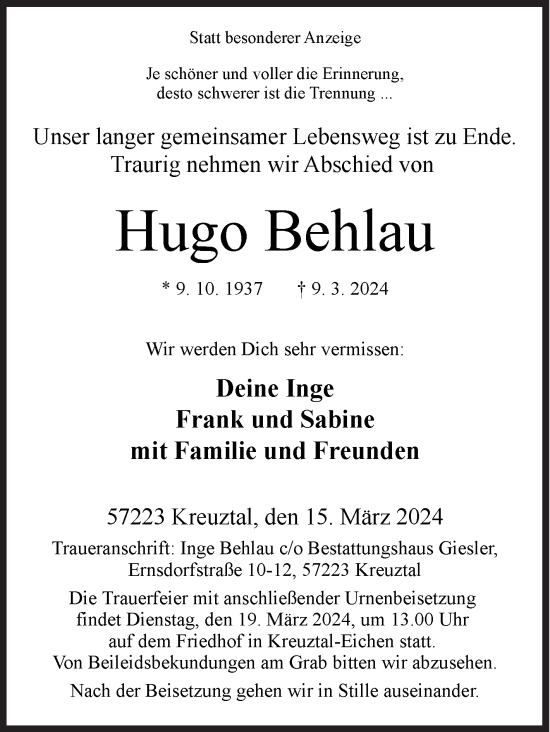 Traueranzeige von Hugo Behlau von Siegener Zeitung