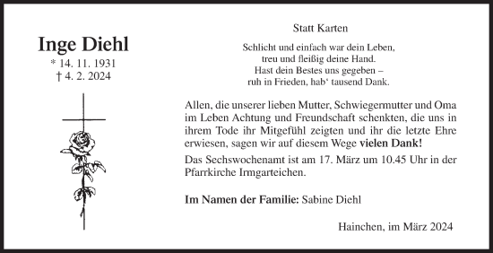 Traueranzeige von Inge Diehl von Siegener Zeitung