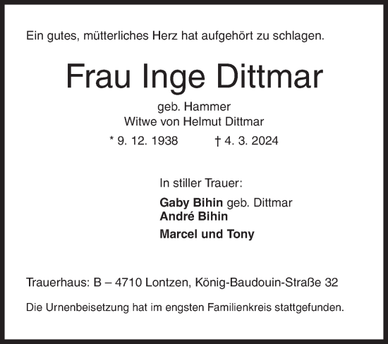 Traueranzeige von Inge Dittmar von Siegener Zeitung