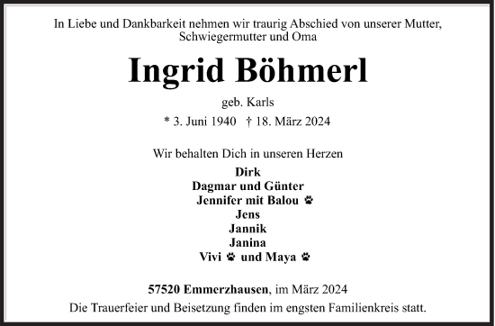 Traueranzeige von Ingrid Böhmerl von Siegener Zeitung