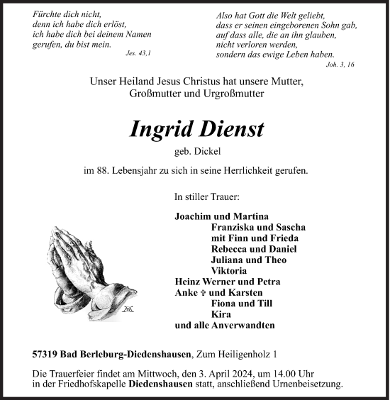 Traueranzeige von Ingrid Dienst von Siegener Zeitung