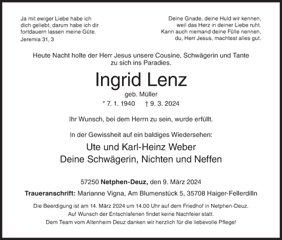 Traueranzeige von Ingrid Lenz von Siegener Zeitung