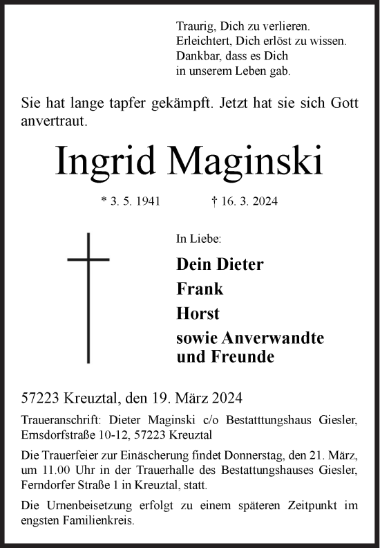 Traueranzeige von Ingrid Maginski von Siegener Zeitung