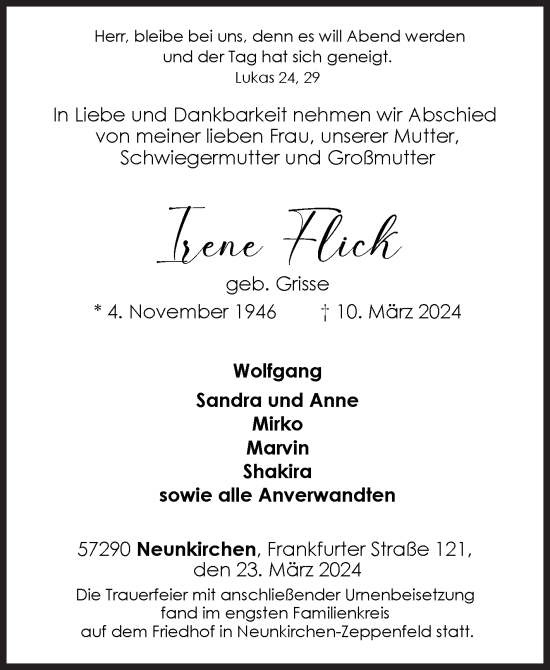 Traueranzeige von Irene Flick von Siegener Zeitung