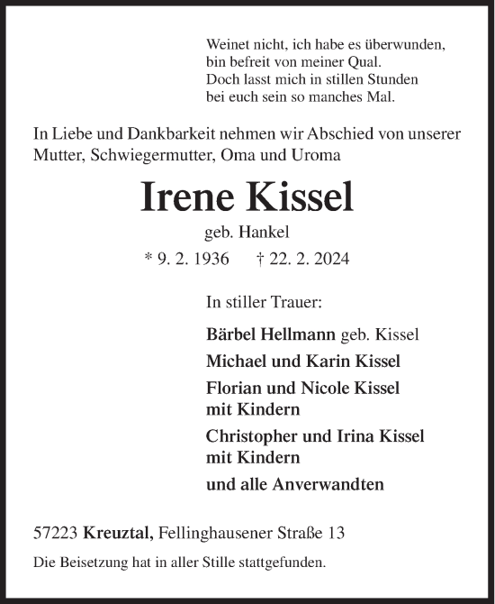Traueranzeige von Irene Kissel von Siegener Zeitung