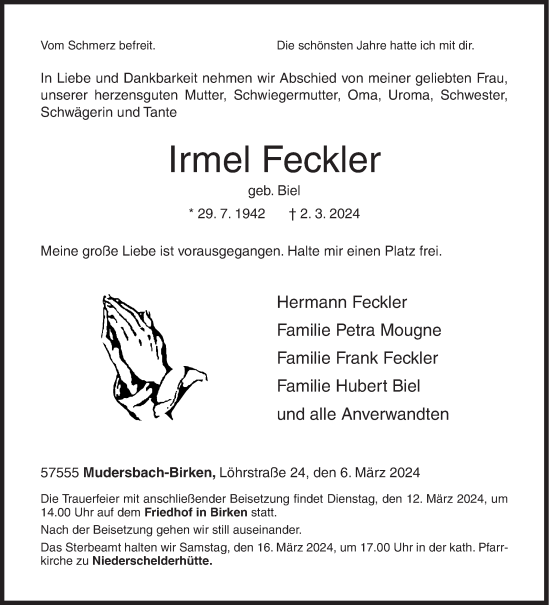 Traueranzeige von Irmel Feckler von Siegener Zeitung