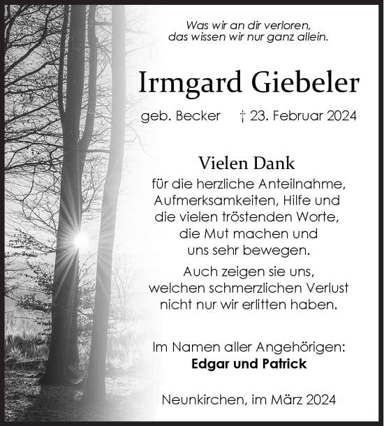 Traueranzeige von Irmgard Giebeler von Siegener Zeitung