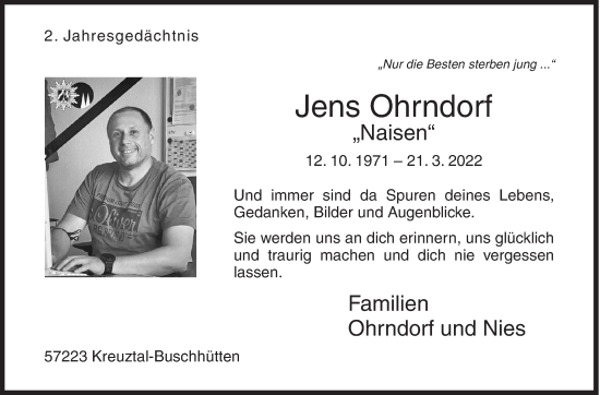 Traueranzeige von Jens Ohrndorf von Siegener Zeitung