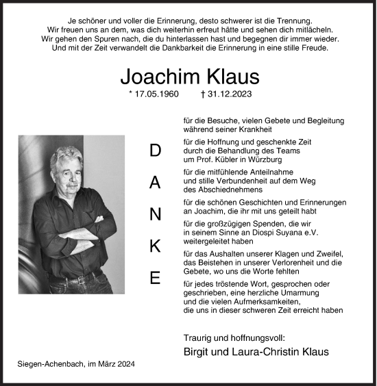 Traueranzeige von Joachim Klaus von Siegener Zeitung