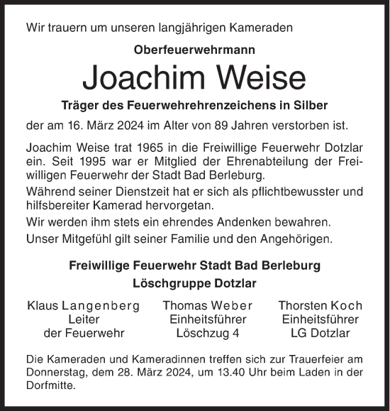 Traueranzeige von Joachim Weise von Siegener Zeitung