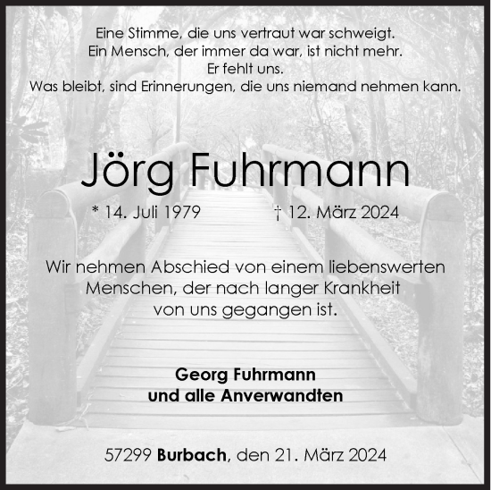 Traueranzeige von Jörg Fuhrmann von Siegener Zeitung