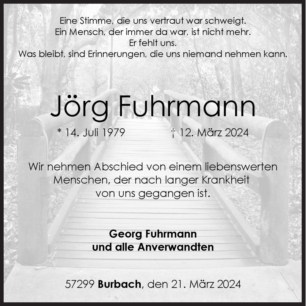  Traueranzeige für Jörg Fuhrmann vom 21.03.2024 aus Siegener Zeitung