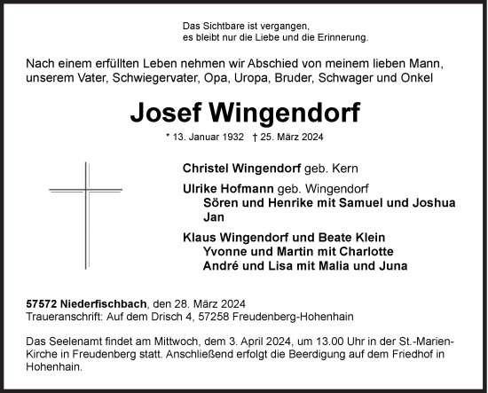 Traueranzeige von Josef Wingendorf von Siegener Zeitung