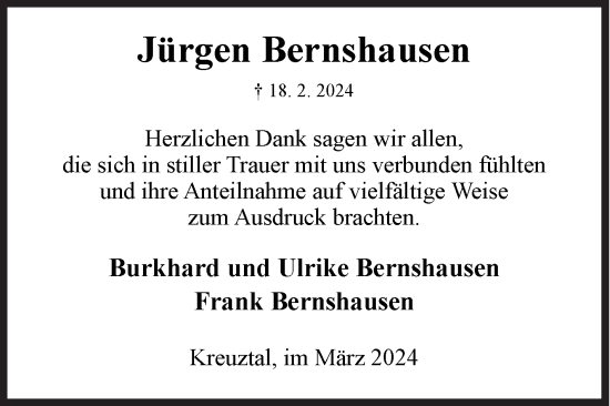 Traueranzeige von Jürgen Bernshausen von Siegener Zeitung