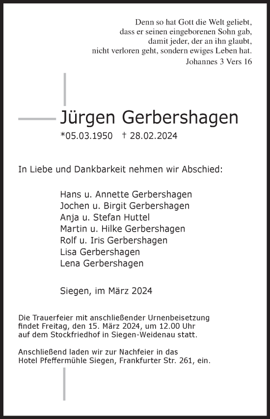 Traueranzeige von Jürgen Gerbershagen von Siegener Zeitung