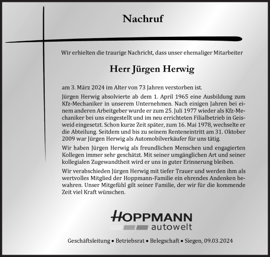 Traueranzeige von Jürgen Herwig von Siegener Zeitung