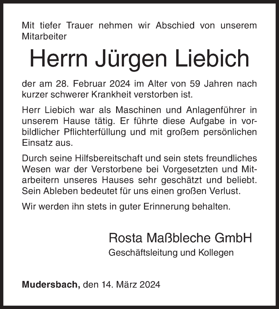  Traueranzeige für Jürgen Liebich vom 14.03.2024 aus Siegener Zeitung