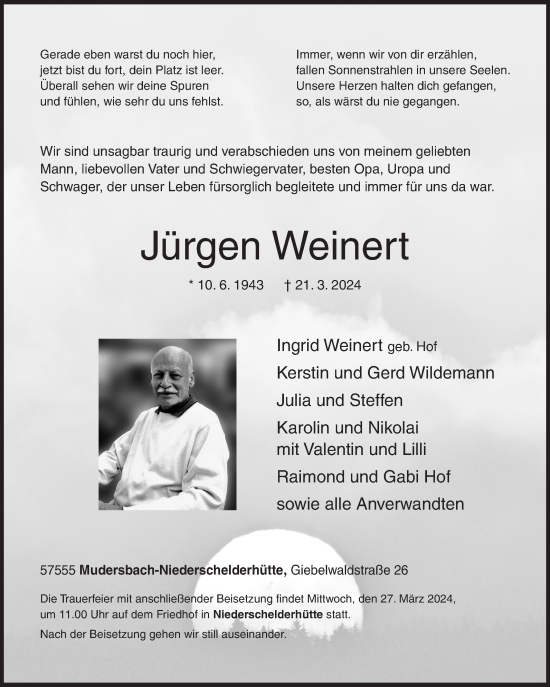 Traueranzeige von Jürgen Weinert von Siegener Zeitung