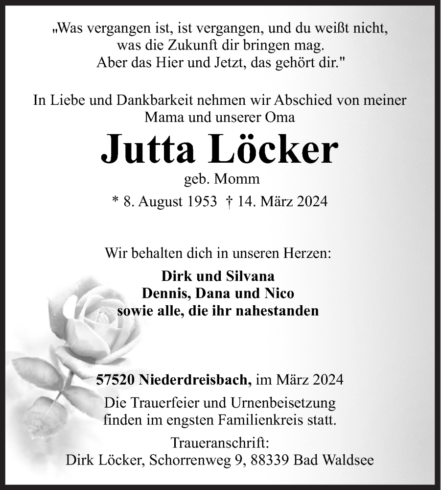  Traueranzeige für Jutta Löcker vom 20.03.2024 aus Siegener Zeitung