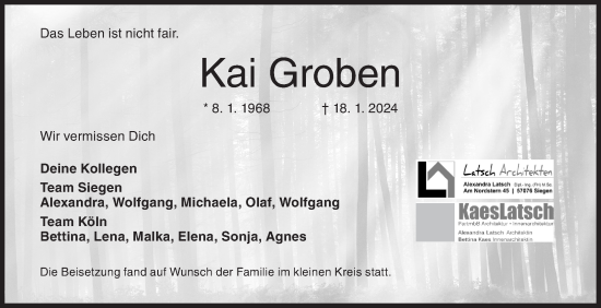 Traueranzeige von Kai Groben von Siegener Zeitung