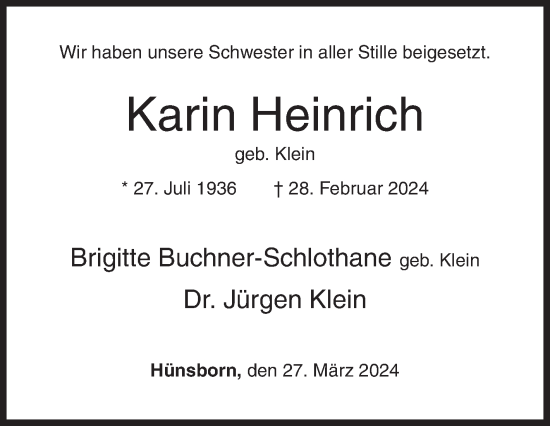 Traueranzeige von Karin Heinrich von Siegener Zeitung