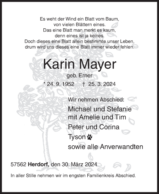 Traueranzeige von Karin Mayer von Siegener Zeitung