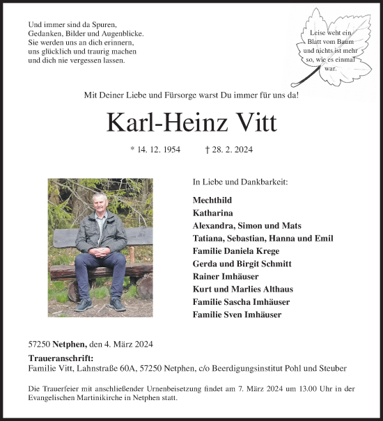 Traueranzeige von Karl-Heinz Vitt von Siegener Zeitung