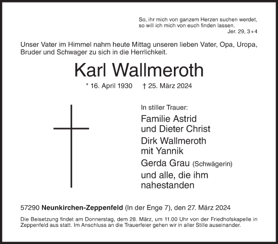 Traueranzeige von Karl Wallmeroth von Siegener Zeitung