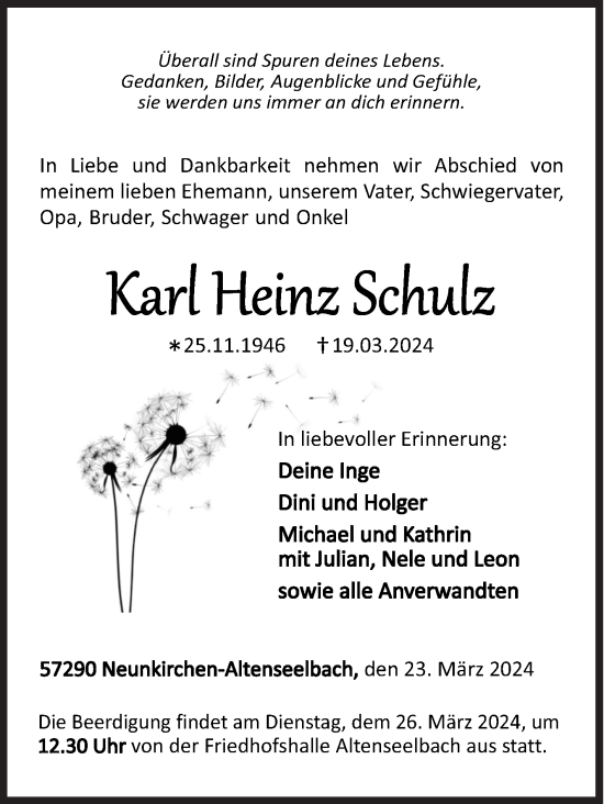 Traueranzeige von Karl Heinz Schulz von Siegener Zeitung