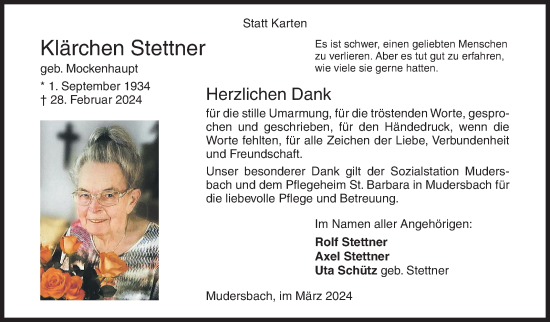 Traueranzeige von Klärchen Stettner von Siegener Zeitung