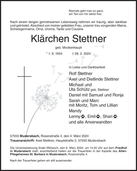 Traueranzeige von Klärchen Stettner von Siegener Zeitung