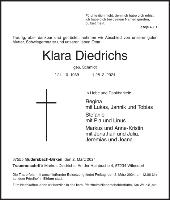 Traueranzeige von Klara Diedrichs von Siegener Zeitung