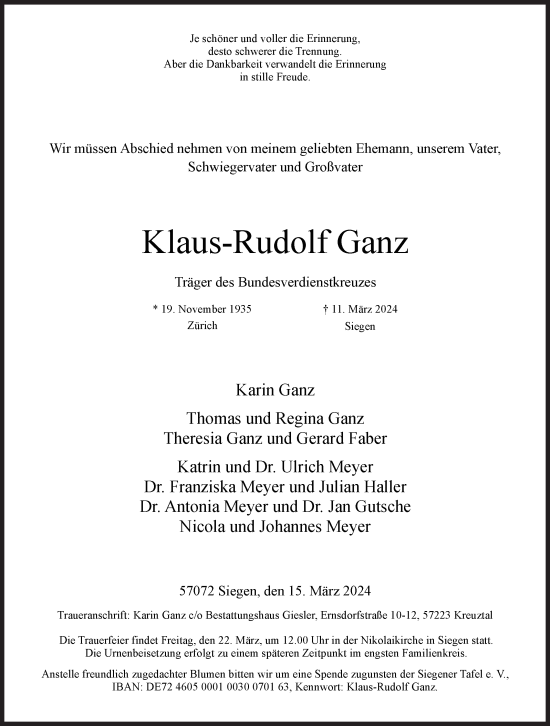 Traueranzeige von Klaus-Rudolf Ganz von Siegener Zeitung