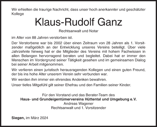 Traueranzeige von Klaus-Rudolf Ganz von Siegener Zeitung