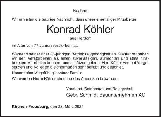 Traueranzeige von Konrad Köhler von Siegener Zeitung