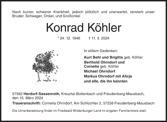 Traueranzeige von Konrad Köhler von Siegener Zeitung