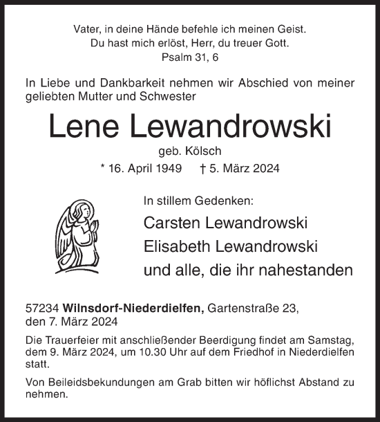 Traueranzeige von Lene Lewandrowski von Siegener Zeitung