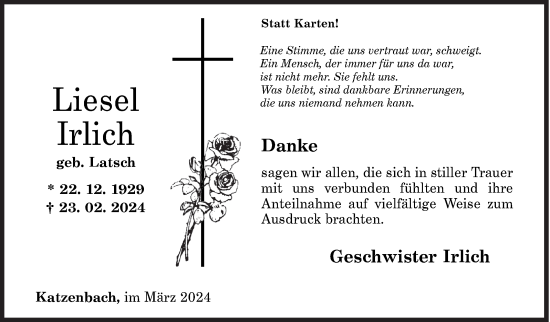 Traueranzeige von Liesel Irlich von Siegener Zeitung