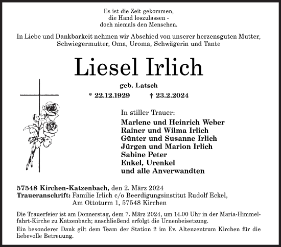 Traueranzeige von Liesel Irlich von Siegener Zeitung