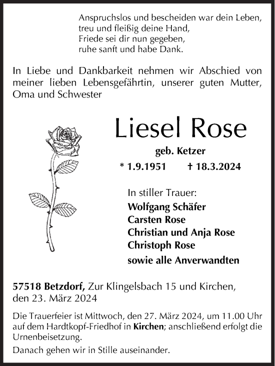 Traueranzeige von Liesel Rose von Siegener Zeitung